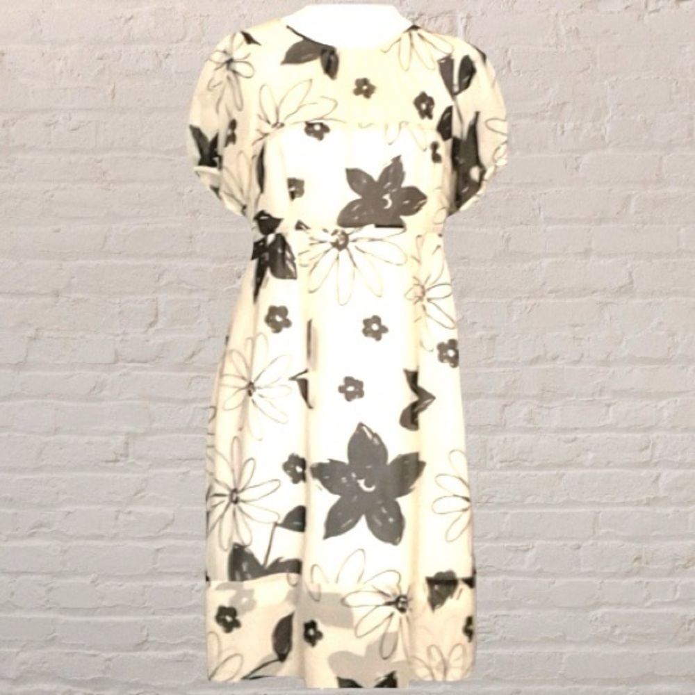 Sandra Angelozzi SILK unique ivory/cream tea length dress black floral sz 6